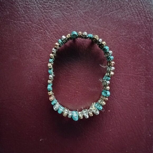 Bracelet Metal Narrow Oval Double holes Beads Tan Bronze Blue 2 Elastic Threads - Picture 2 of 9